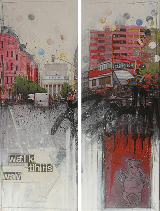 Mrs More "WALK THIS WAY-Berlin" mixed media, canvas, diptychon 100 x 30 cm 